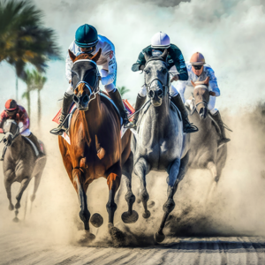 Horses racing with palm trees behind them