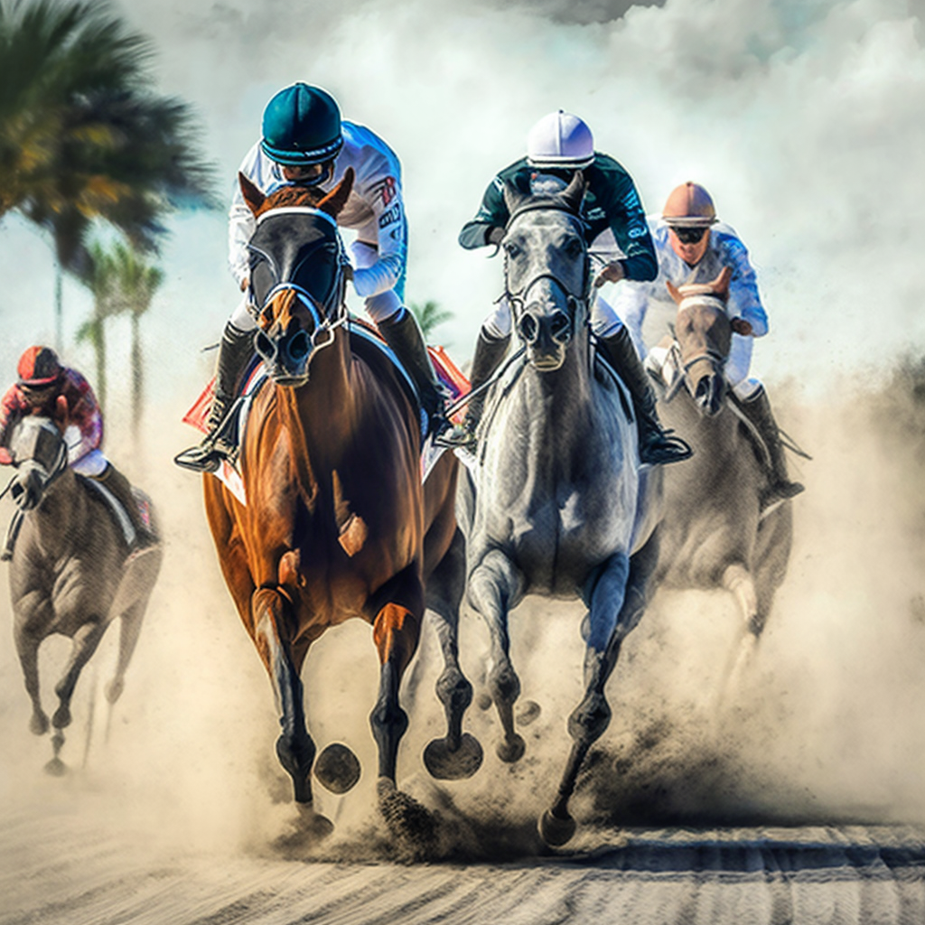 Horses racing with palm trees behind them